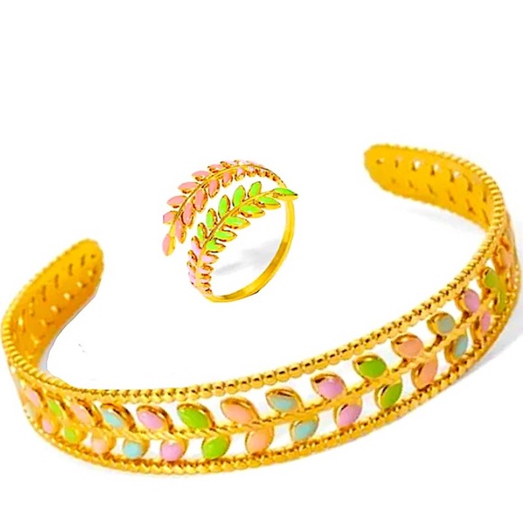 Gold Plated Leaf Design Multicolor Bangle Bracelet Ring Set - Picture 2 of 15